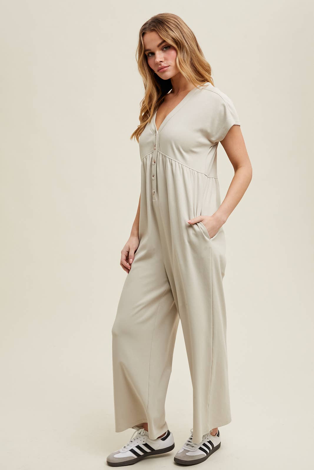 Stone Short Sleeve Button Up Jumpsuit