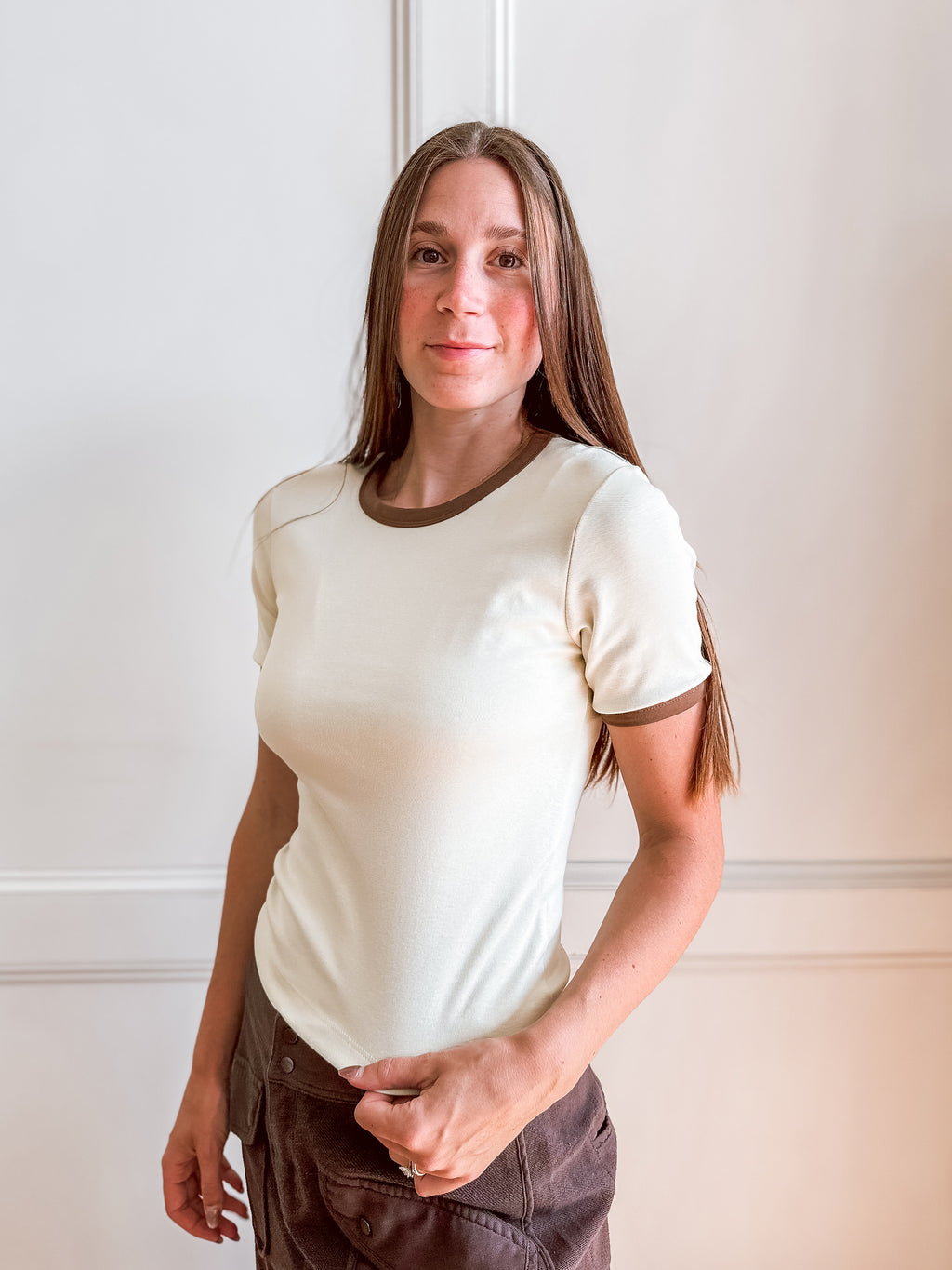 Pistachio & Brown Contrast Trim Tee