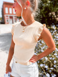 Custard Ribbed Knit Top With Ruffle