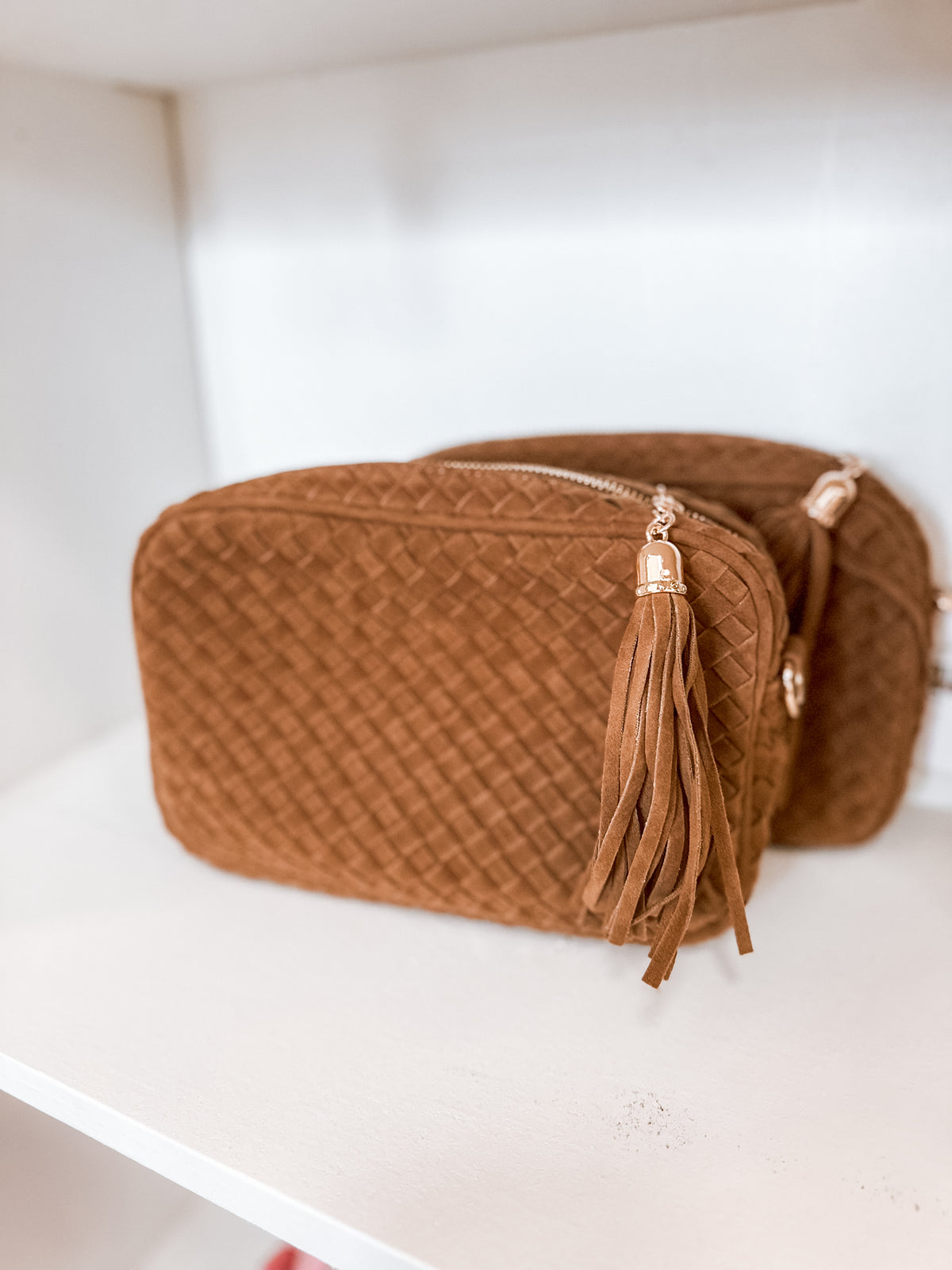 Camel Suede Woven Willow Camera Crossbody