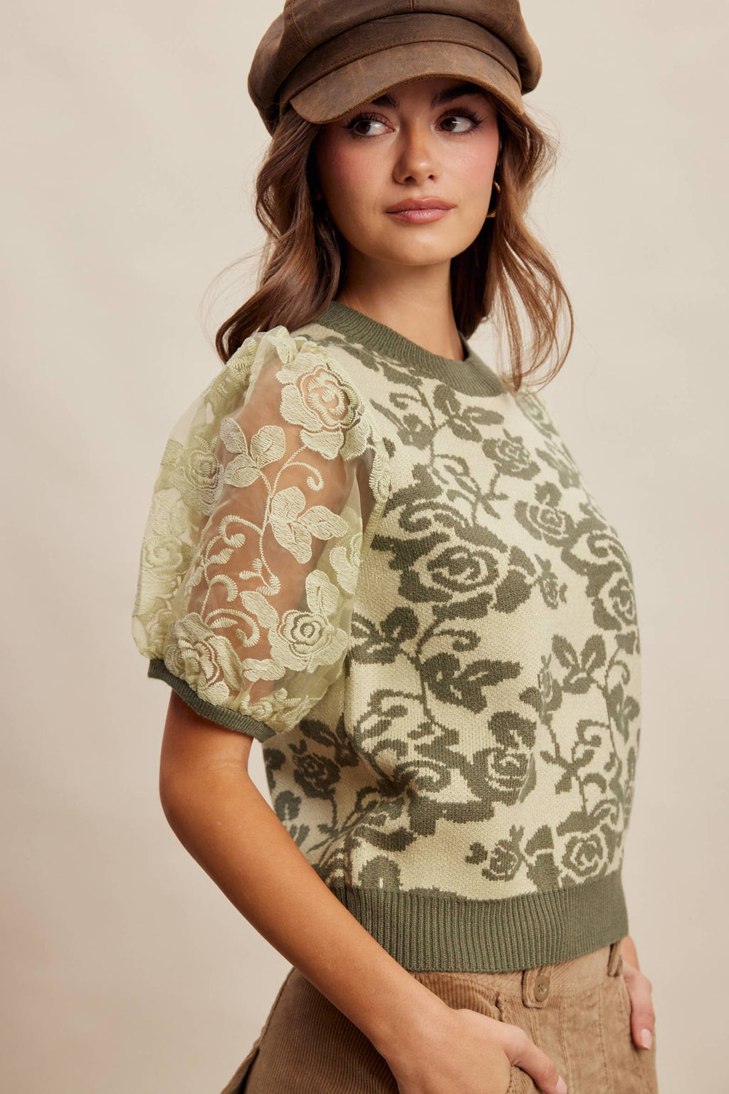 Sage Green Rose Embroidered Knit Top