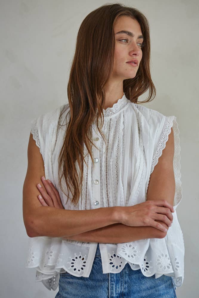 Off White Woven Cotton Eyelet Top