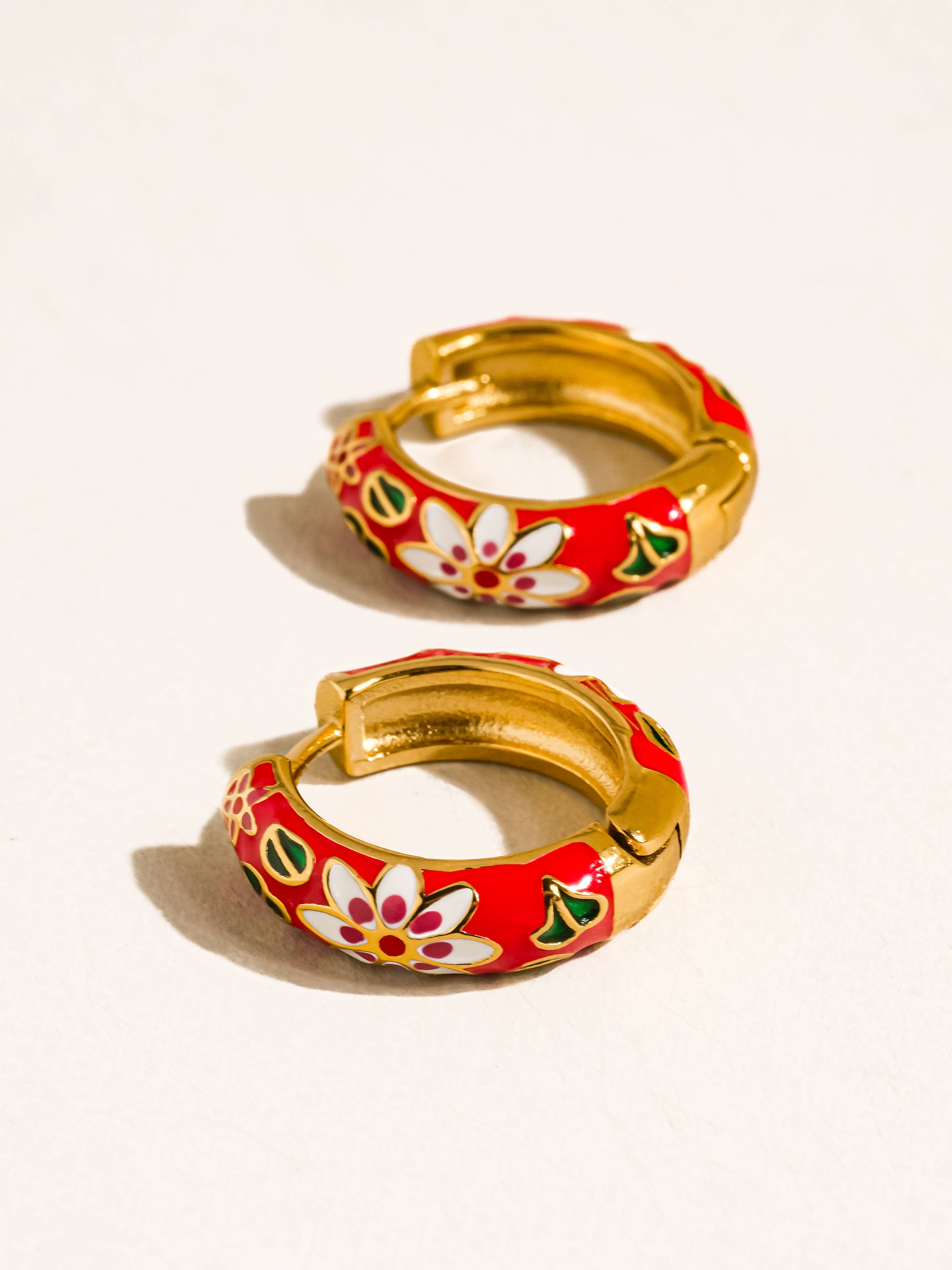 Red Isabeau 18K Gold Non-Tarnish Vintage Floral Hoop Earrings