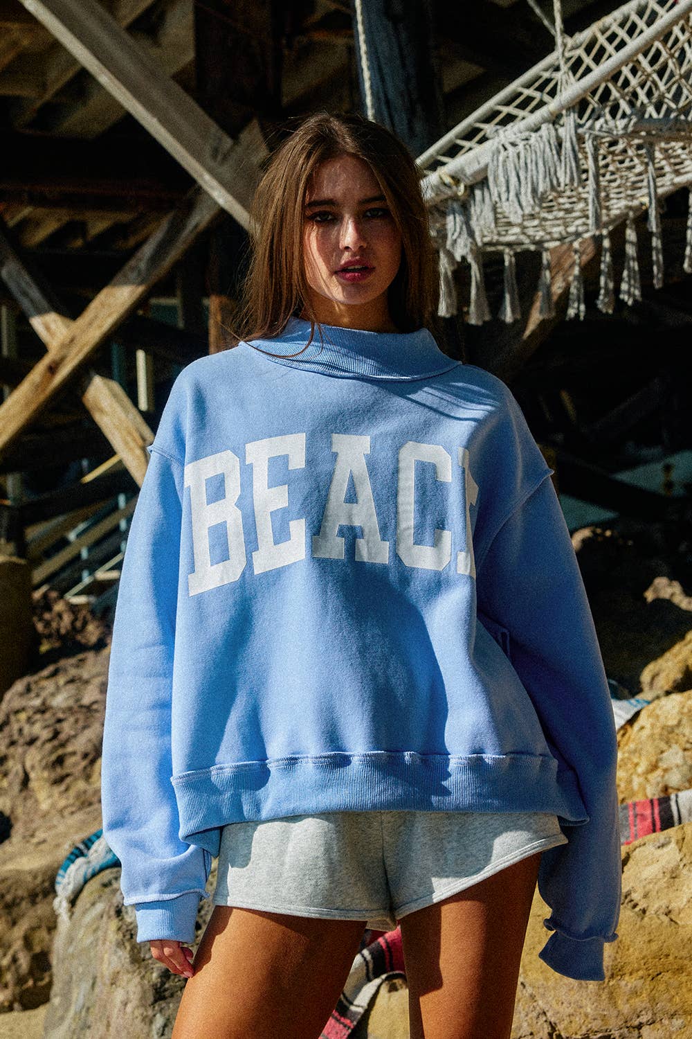 Blue Reversible Mock-neck Crop Sweatshirt