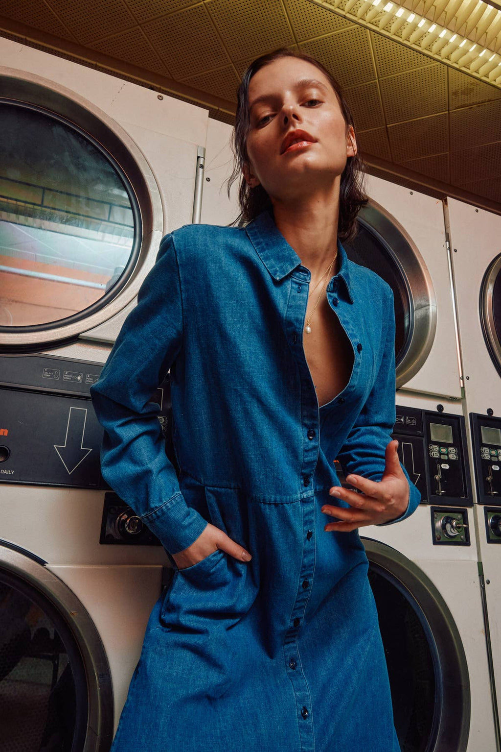 Blue Long Sleeve Denim Shirts Dress