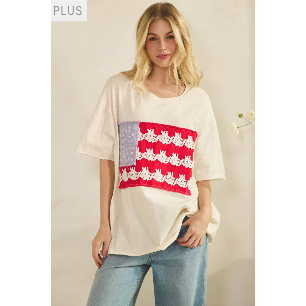 Plus Cream Lace Patched Oversized Tee