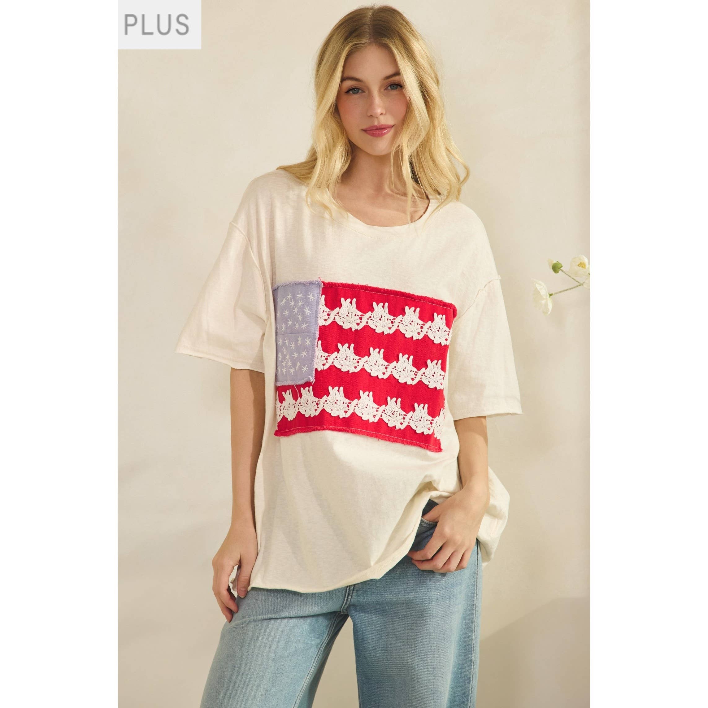 Plus Cream Lace Patched Oversized Tee