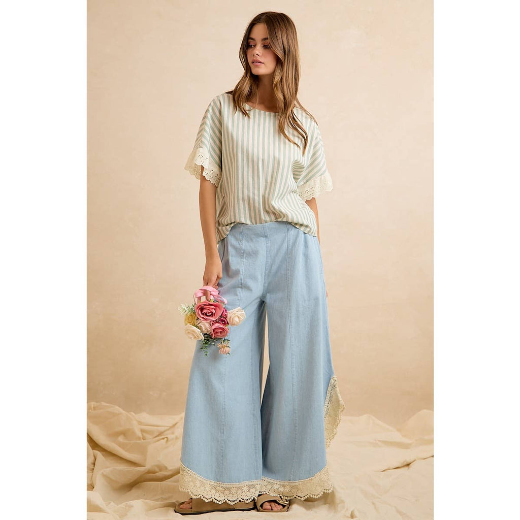 Denim Wide Leg Lace Tulip Hem Jeans