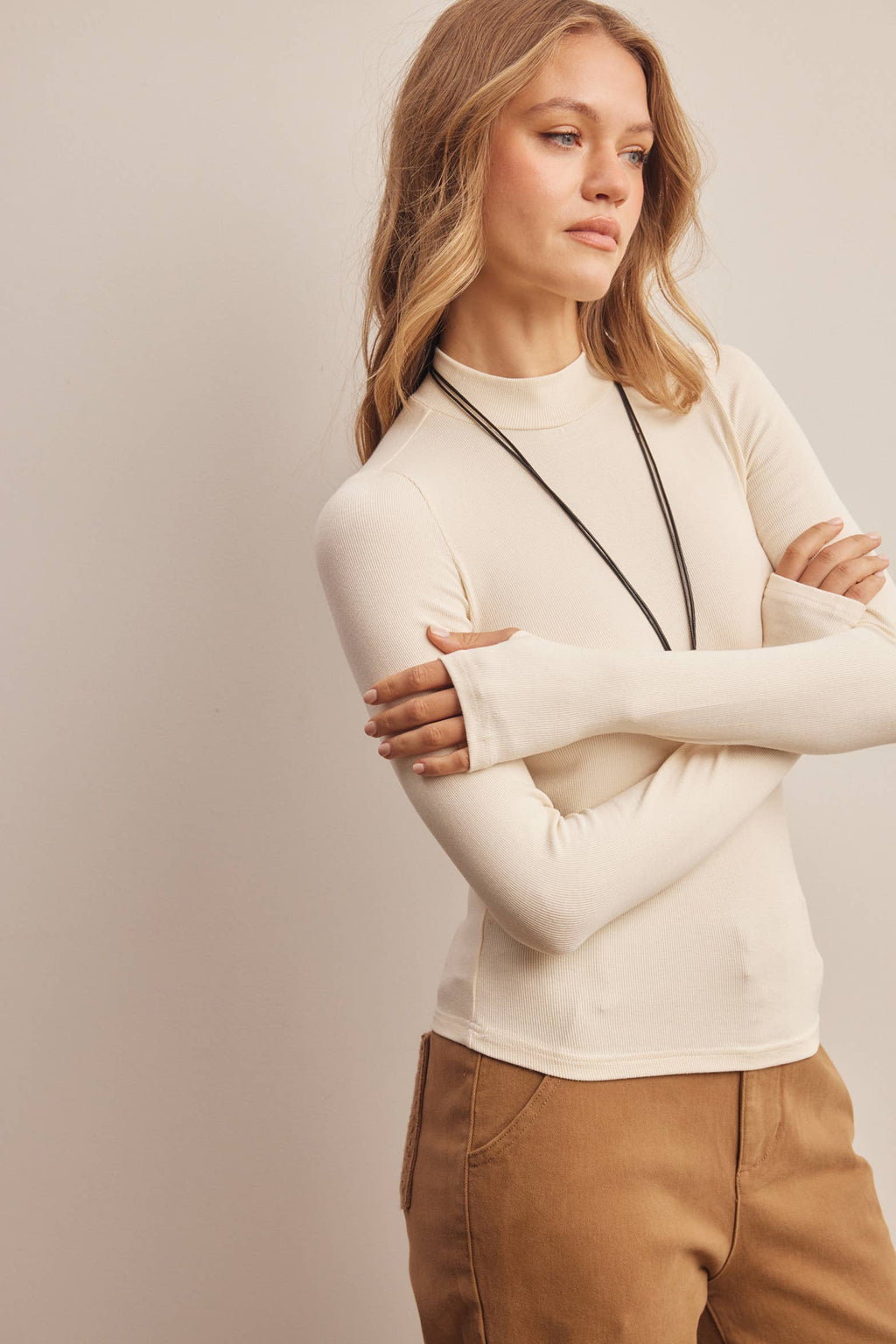 Ivory Stretch Ribbed Mock Neck Top