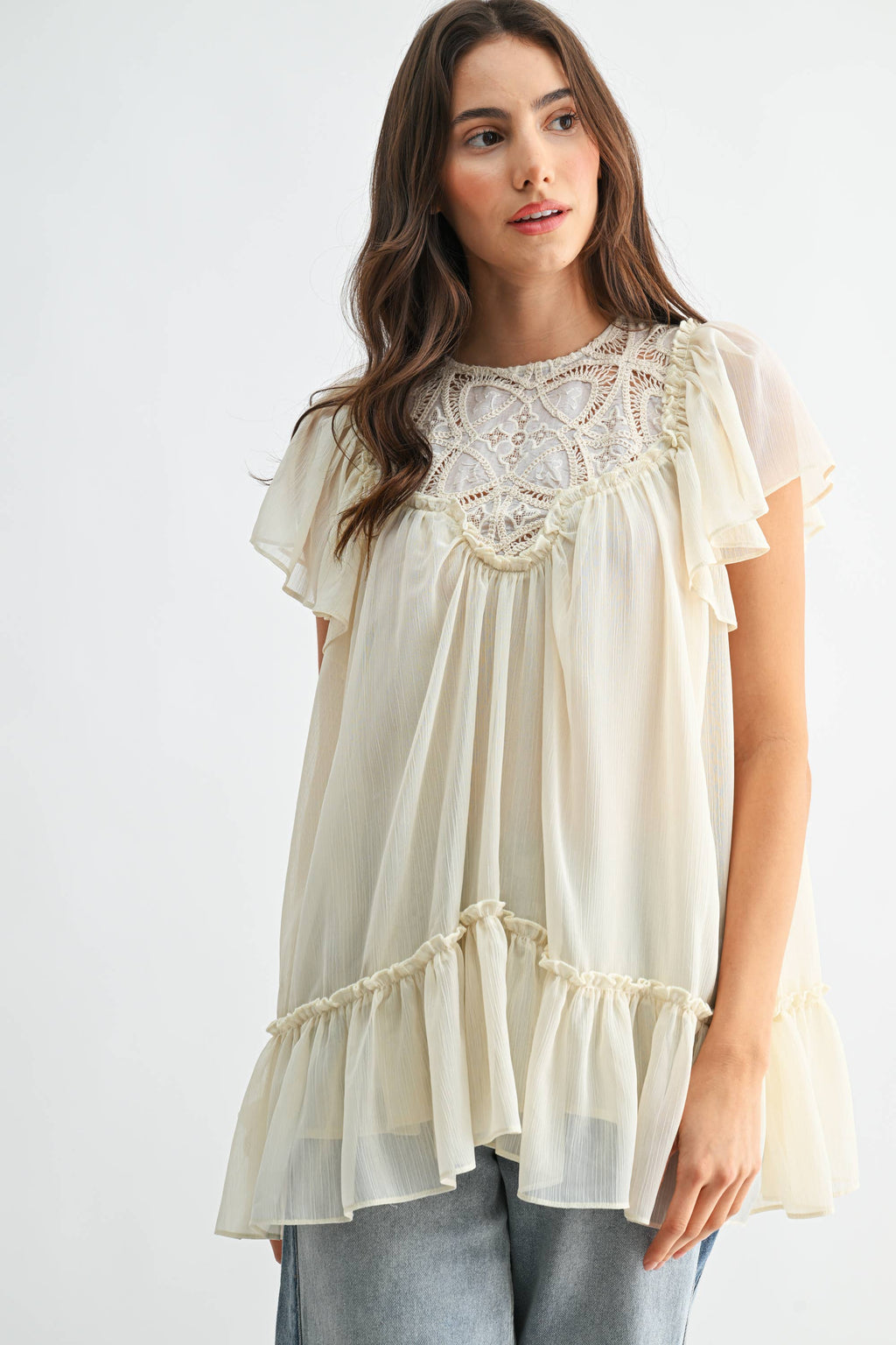 Cream Sheer Lace Yoke Ruffle Sleeve Blouse