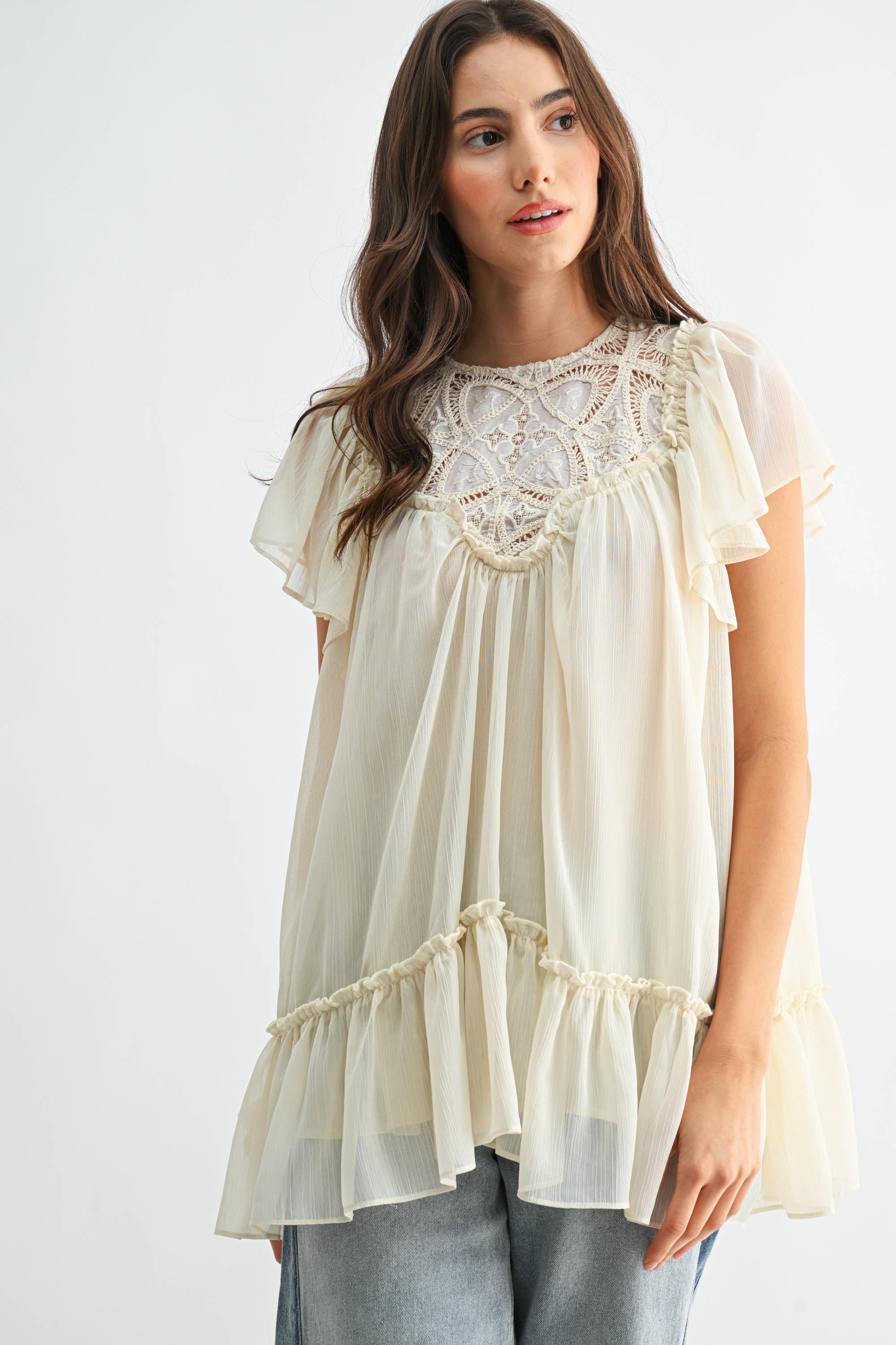 Cream Sheer Lace Yoke Ruffle Sleeve Blouse