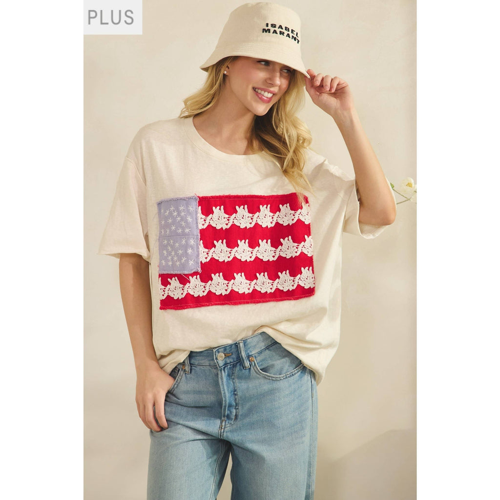 Plus Cream Lace Patched Oversized Tee