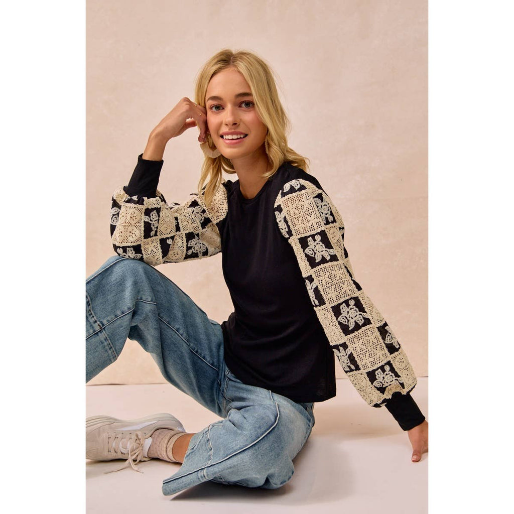 Black Flower Crochet Sleeve Top