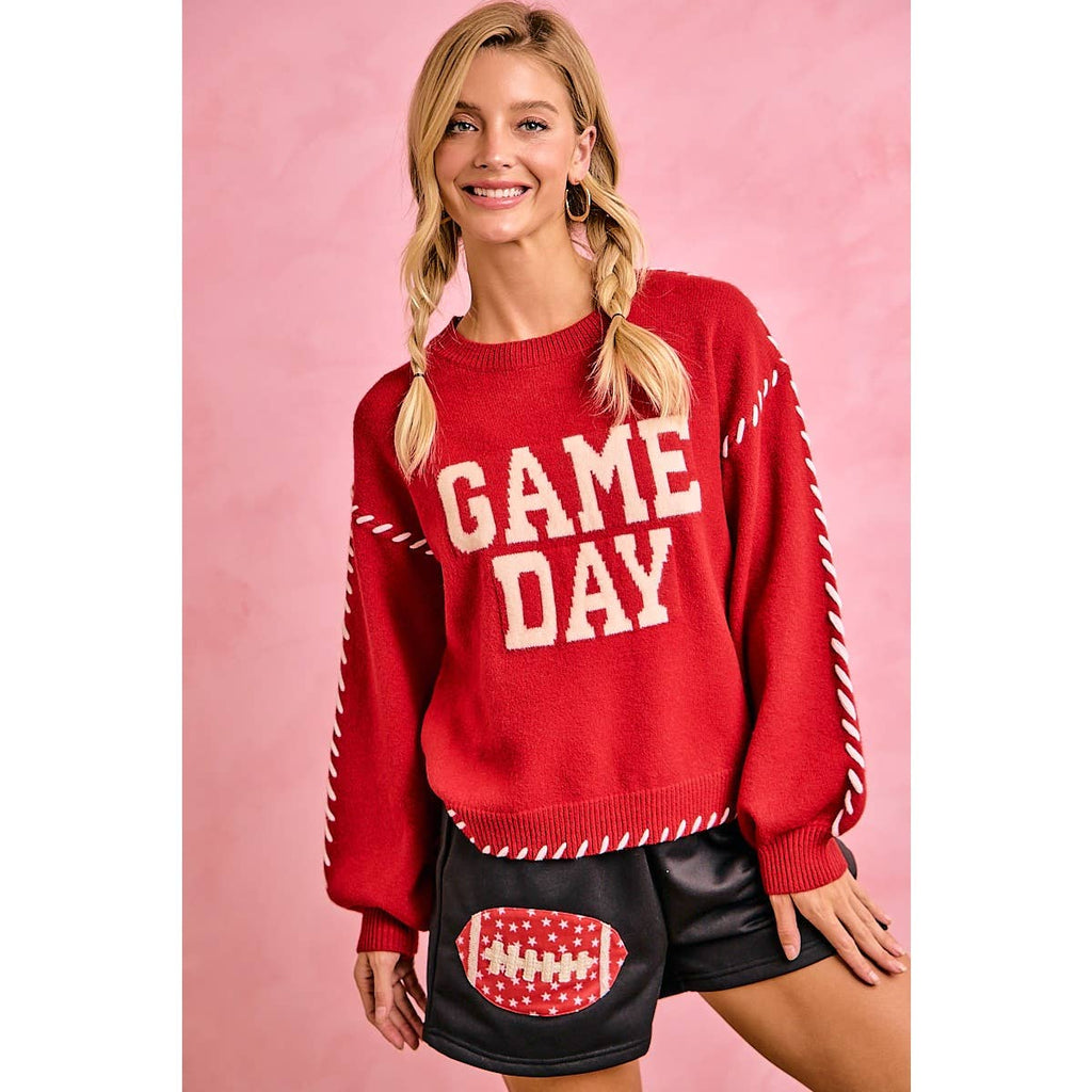 Red Gameday Contrast Stitch Sweater