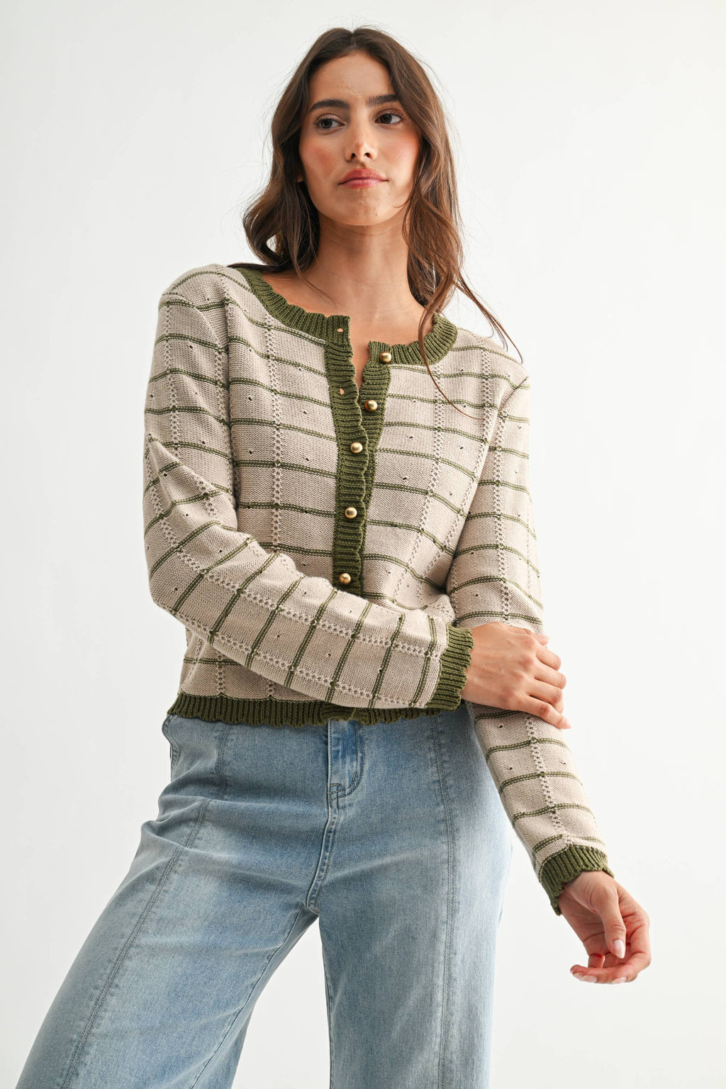 Taupe & Olive Trim Button-Up Cardigan