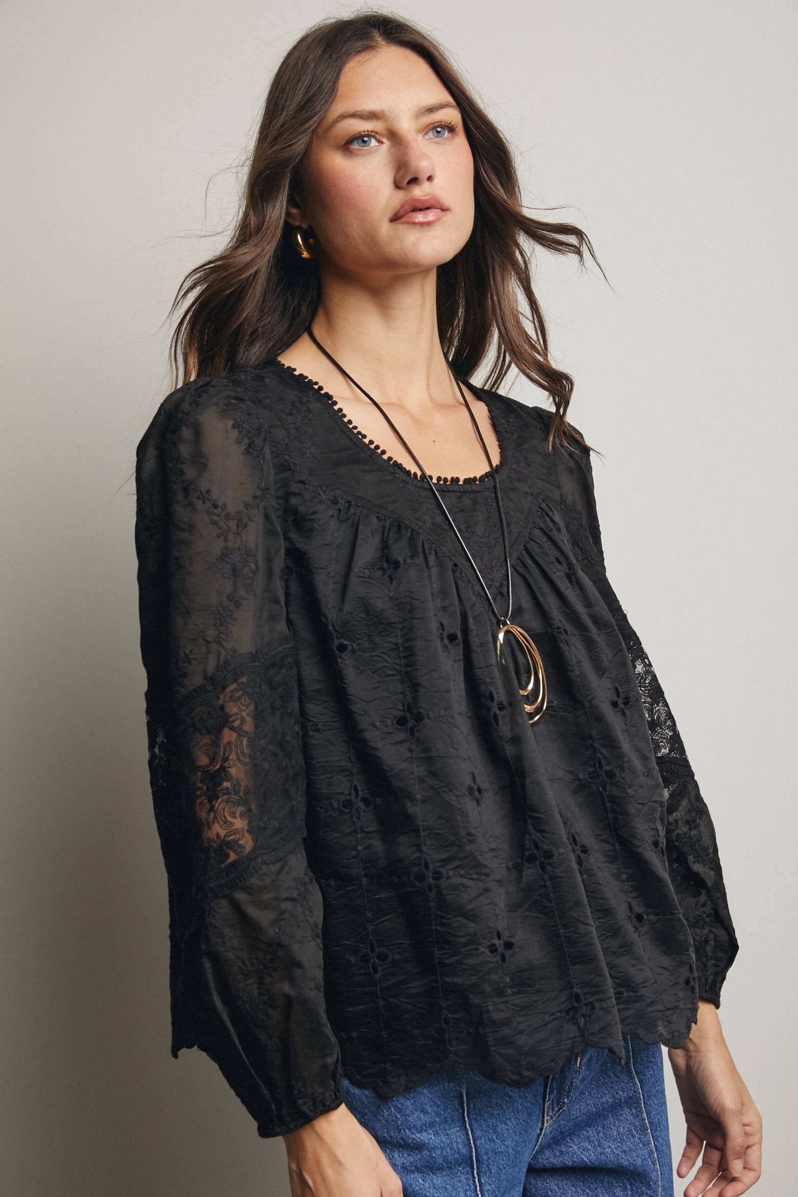 Black Embroidered Lace Puff Sleeve Blouse