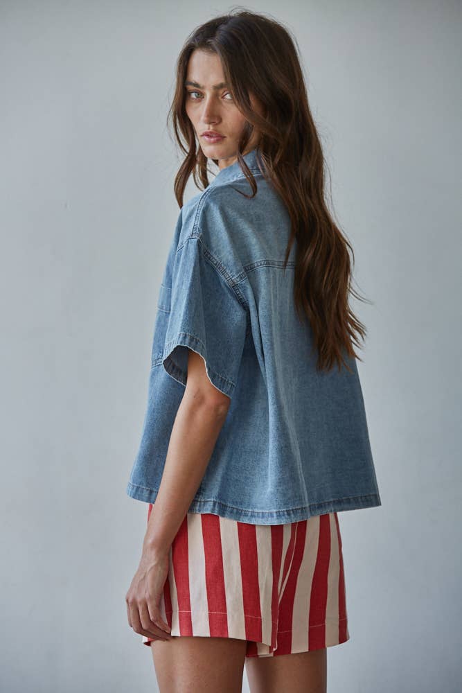 Blue Cotton Chambray Denim Short Sleeve Shirt