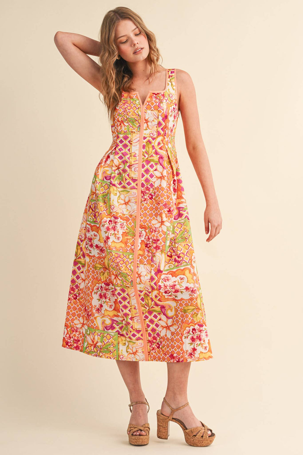 Ivory Pink Floral Midi Dress