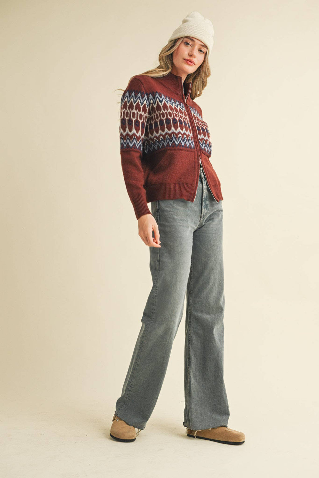 Cocoa Brown Fair Isle Zip Up Sweater