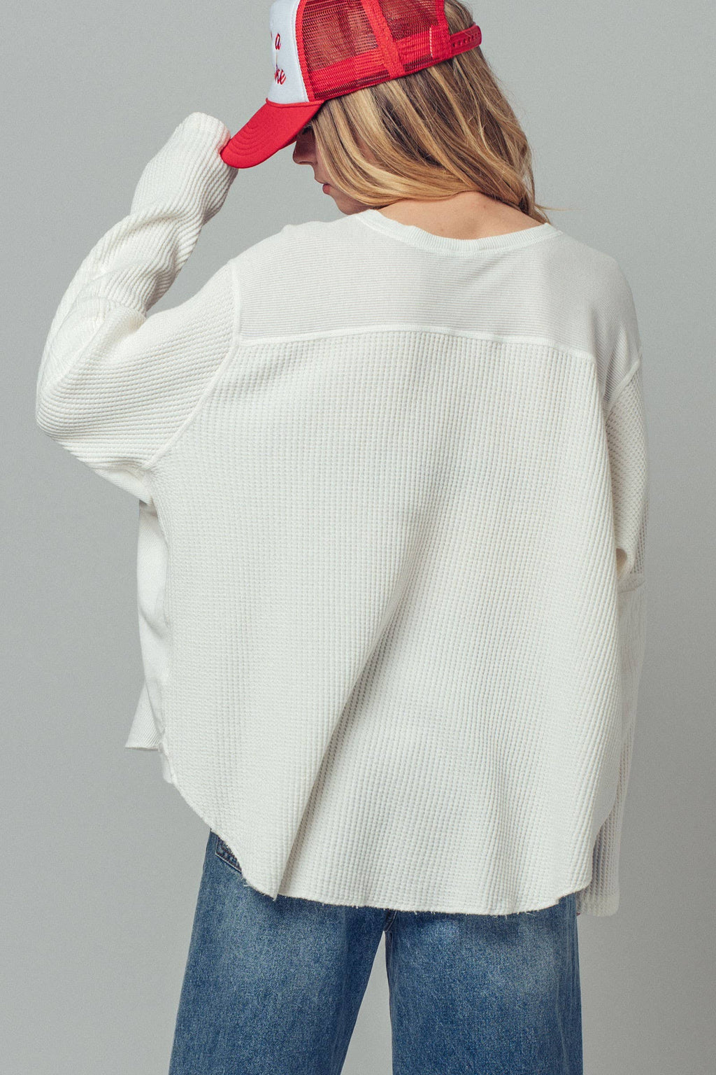 Ivory Oversized Waffle Knit High-Low Tunic Top