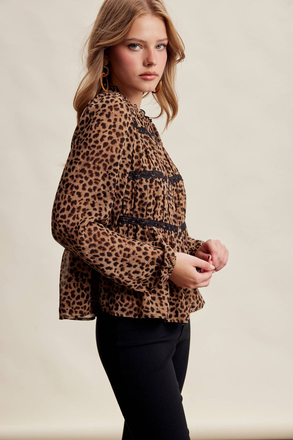Leopard Print Lace Trim Blouse