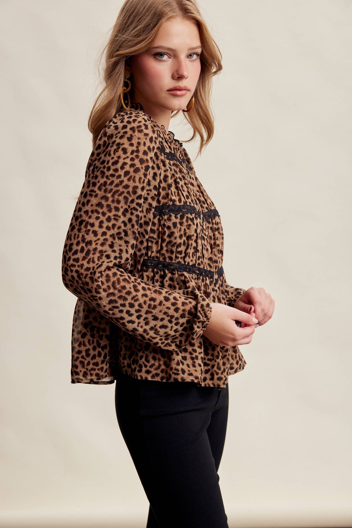 Leopard Print Lace Trim Blouse