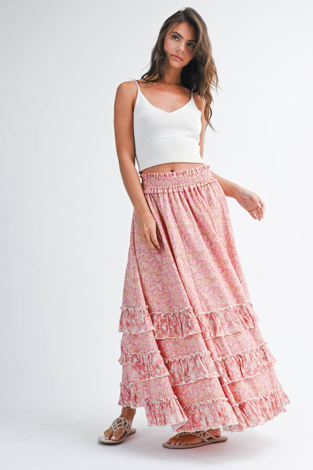 Pink Floral Ruffle Maxi Skirt
