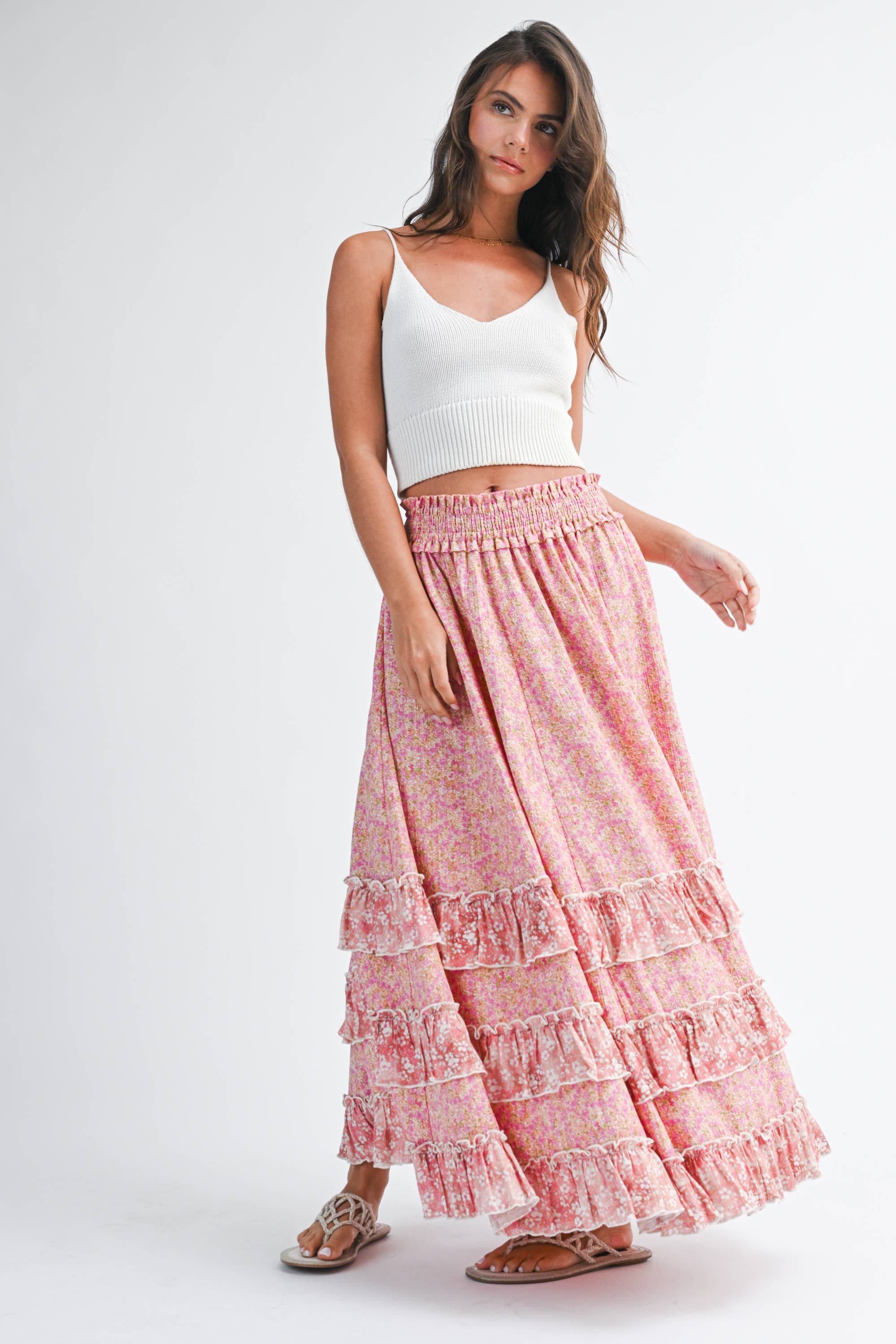 Pink Floral Ruffle Maxi Skirt