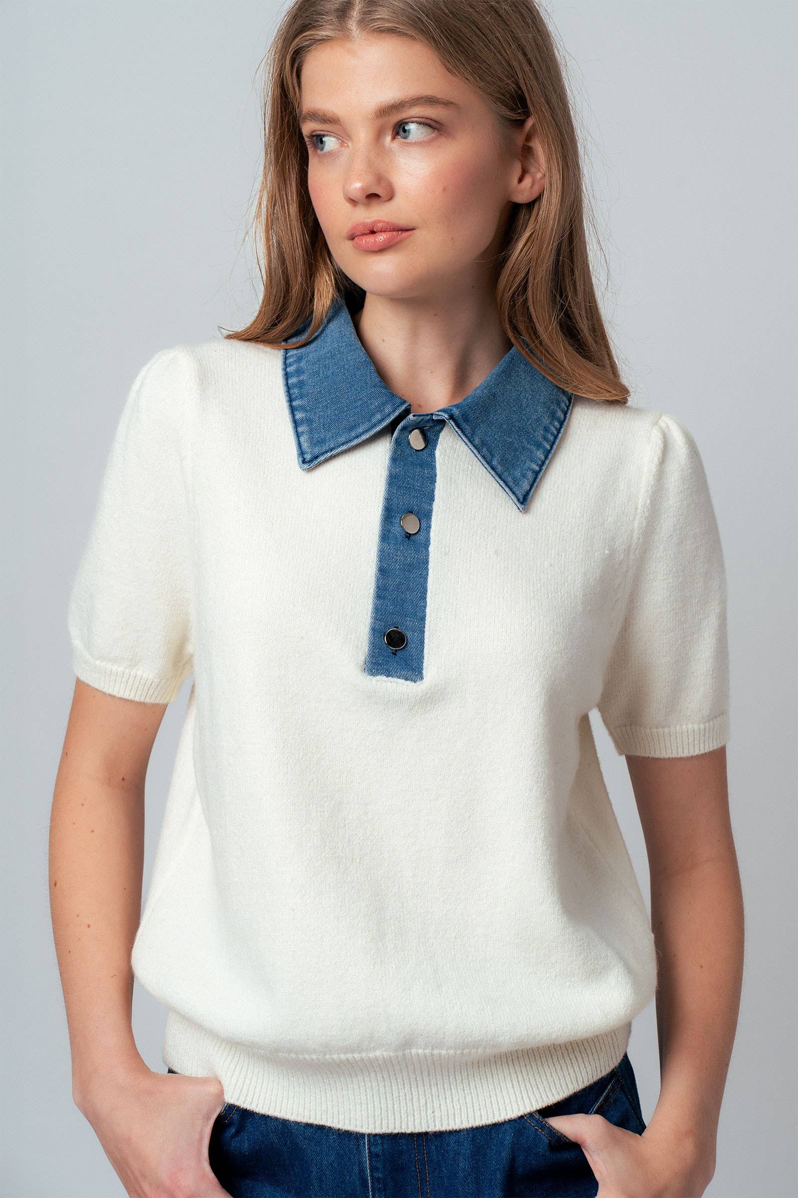 Ivory & Blue Collared Sweater Top