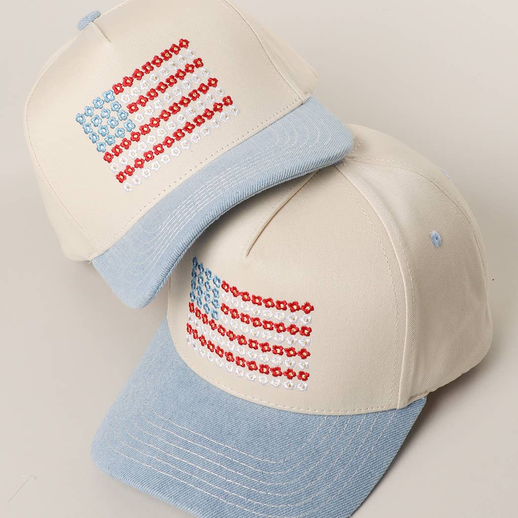 Two Tone Denim Floral American Flag Embroidered Trucker Hat