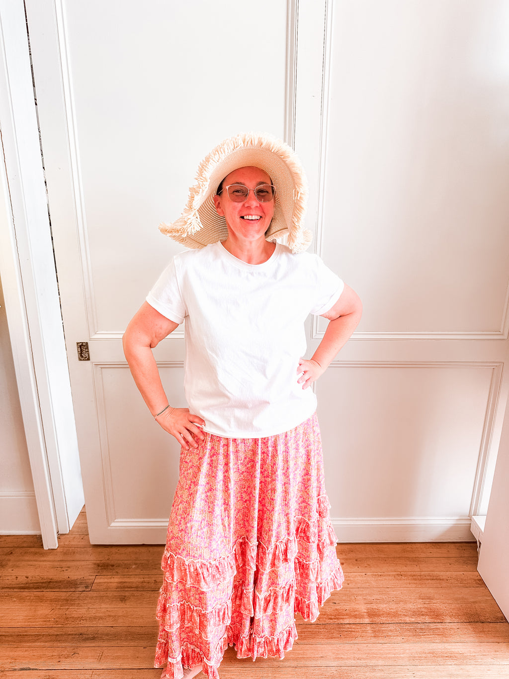 Pink Floral Ruffle Maxi Skirt