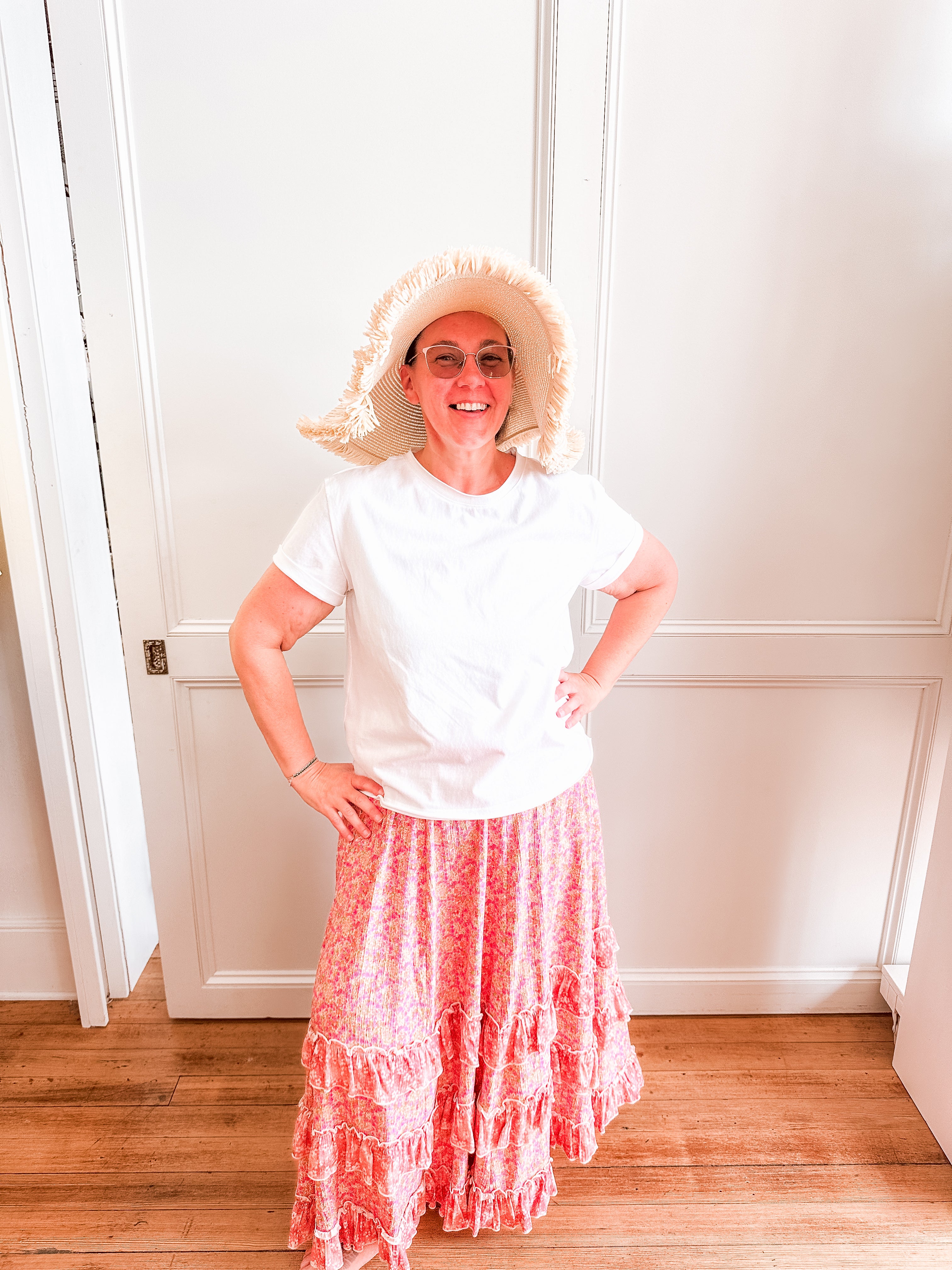 Pink Floral Ruffle Maxi Skirt
