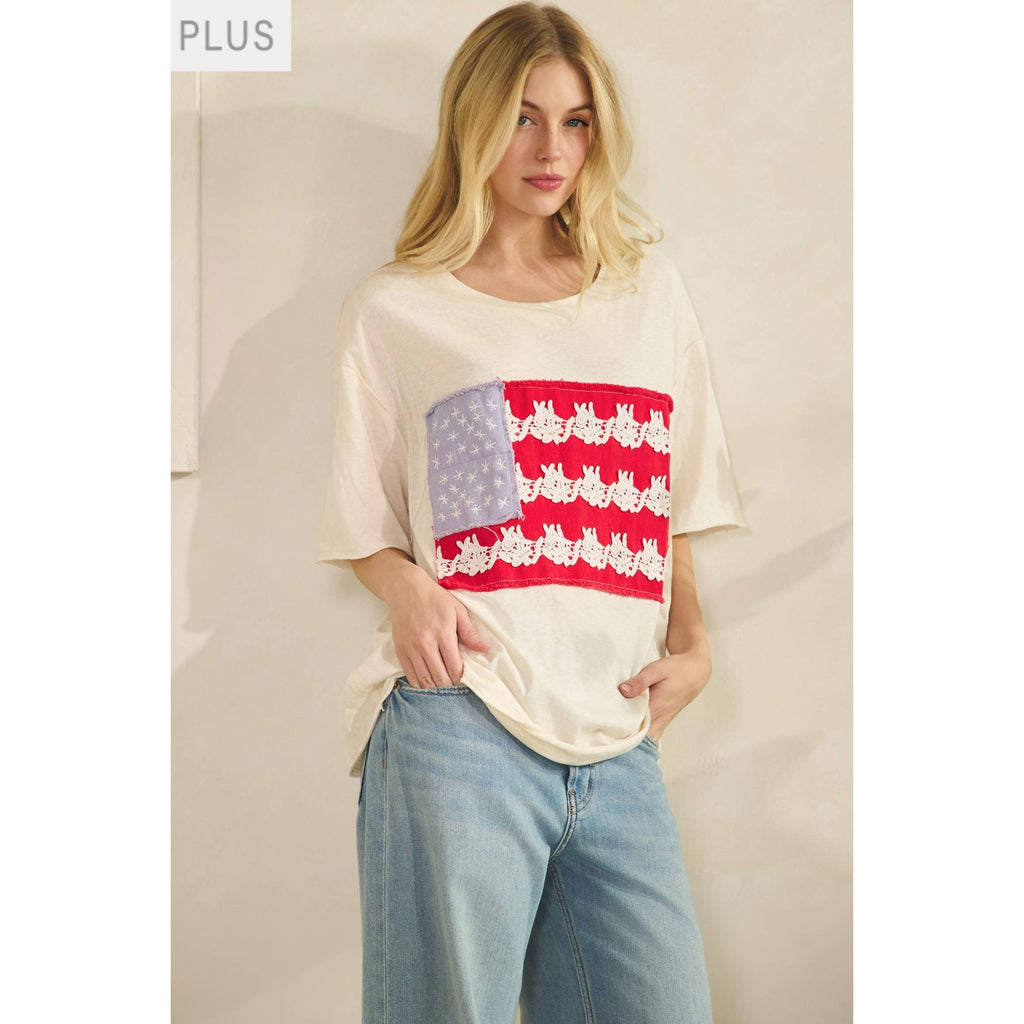 Plus Cream Lace Patched Oversized Tee