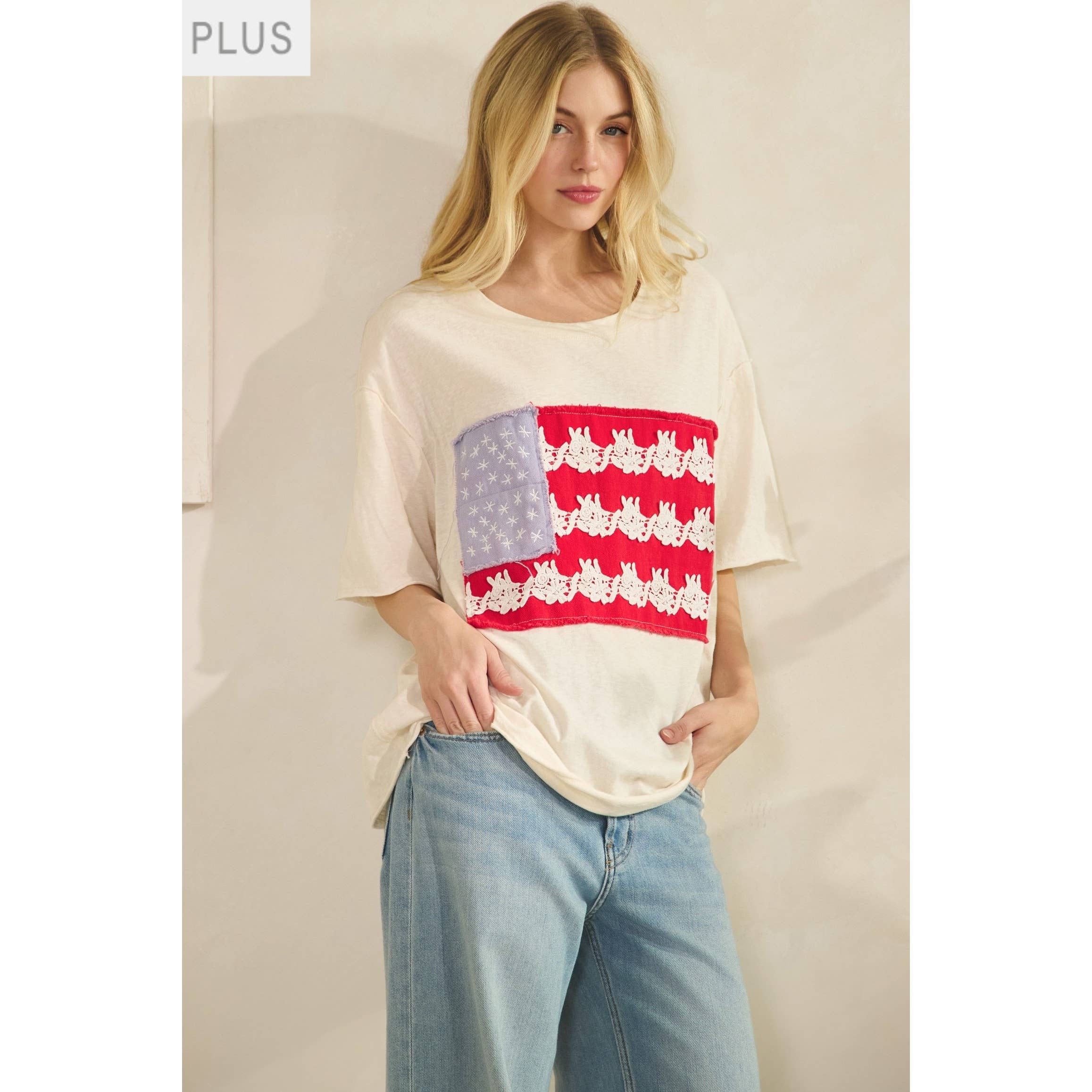 Plus Cream Lace Patched Oversized Tee