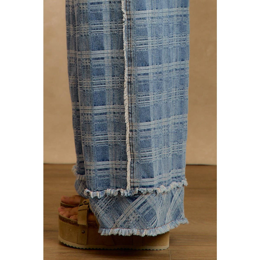 Washed Demin Plaid Wide Leg Jeans