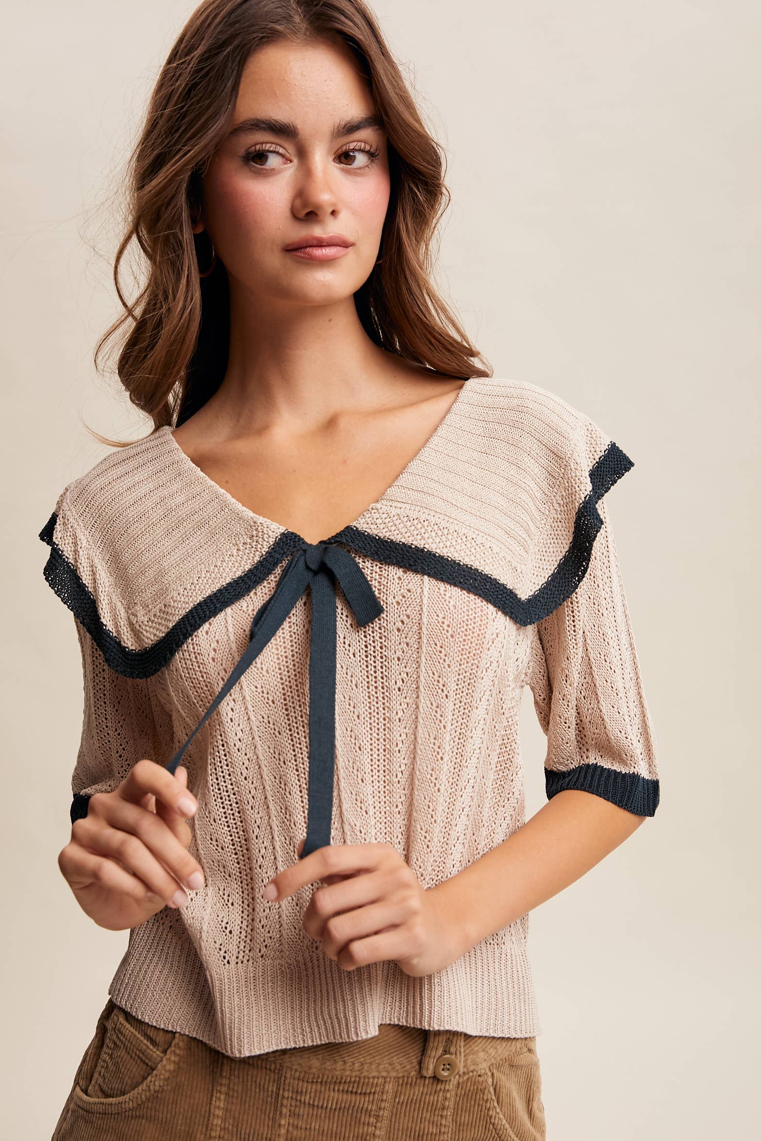 Oatmeal Knit Sailor-Collar Ribbon Top