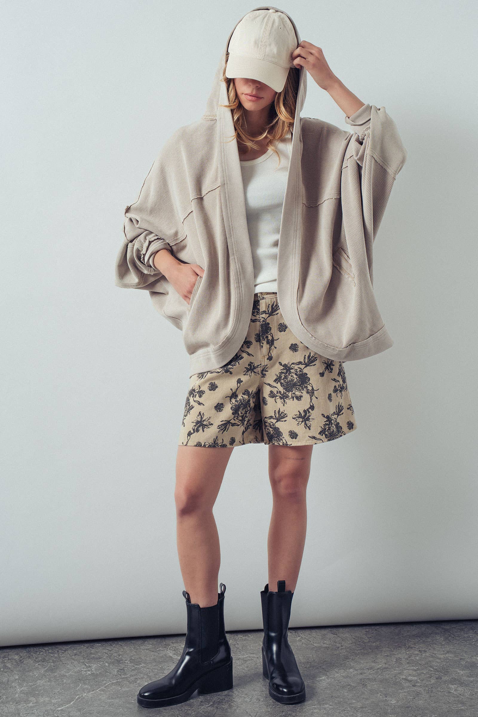 Taupe Washed Waffle Knit Hooded Cardigan