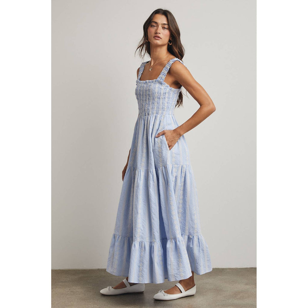 Blue & White Striped Smocked Maxi Dress