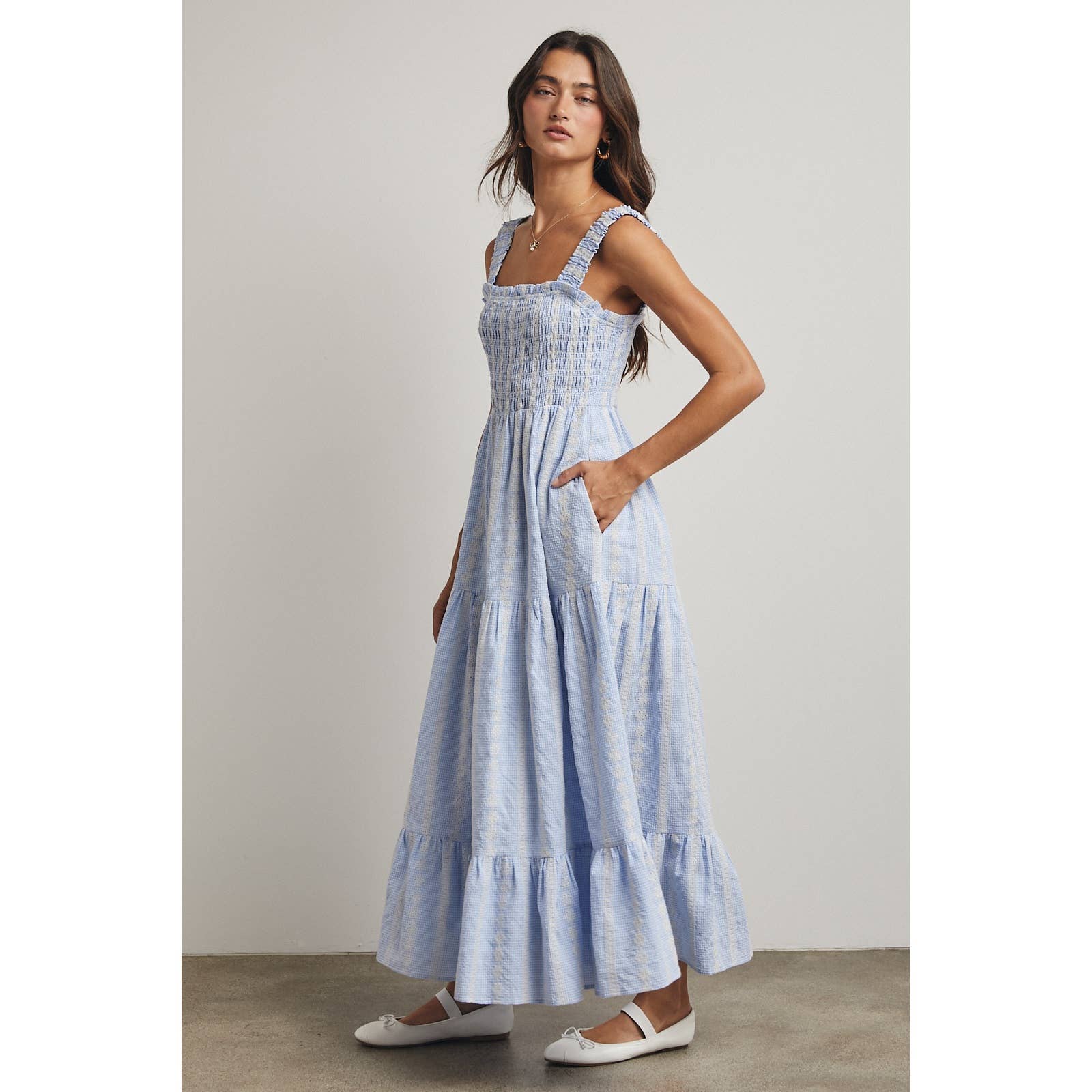 Blue & White Striped Smocked Maxi Dress