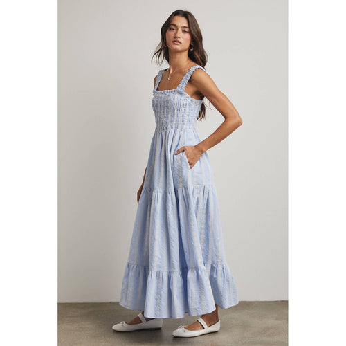 Blue & White Striped Smocked Maxi Dress