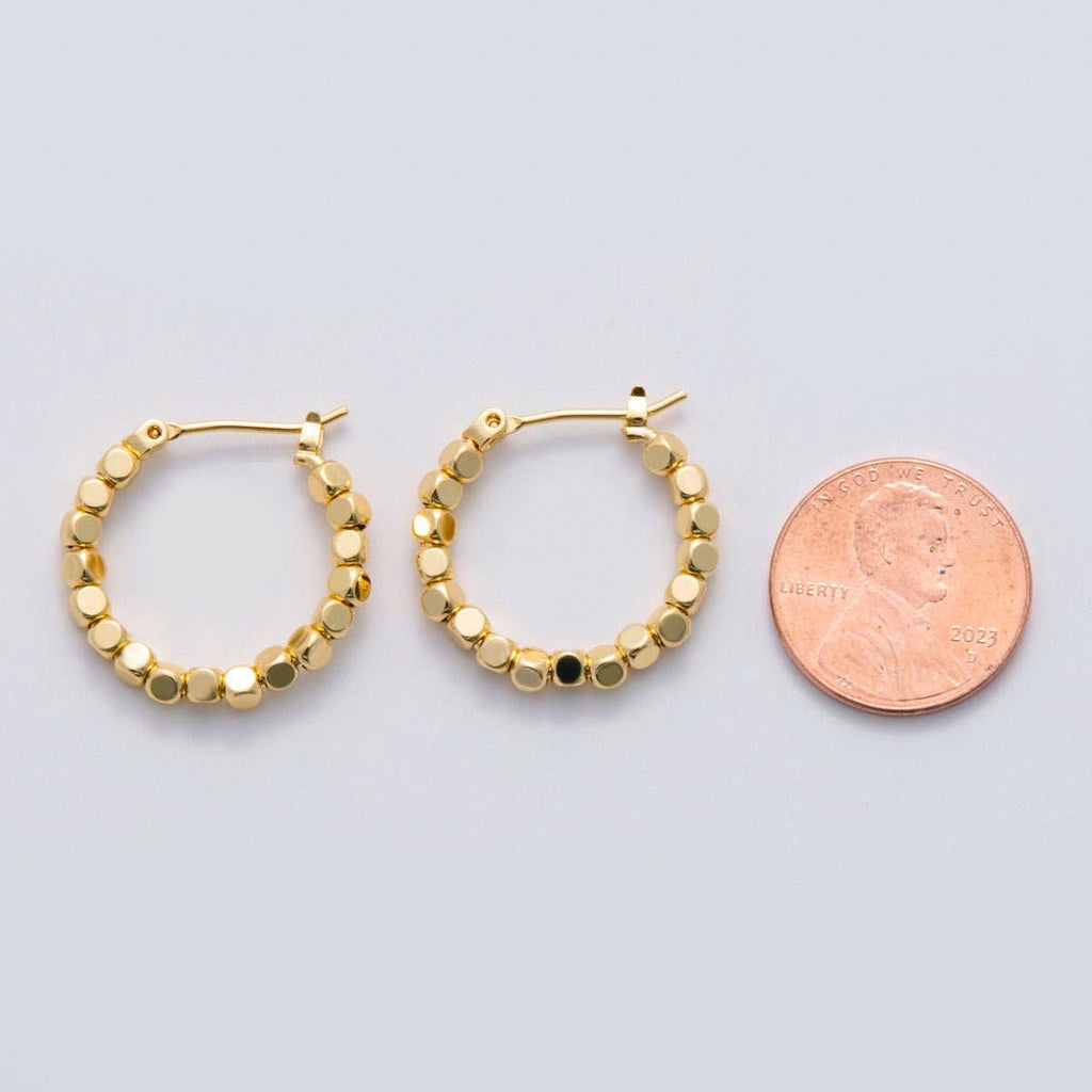 Gold Cube Bead Latch Hoop Earrings