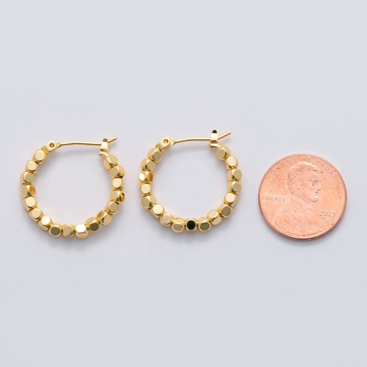 Gold Cube Bead Latch Hoop Earrings