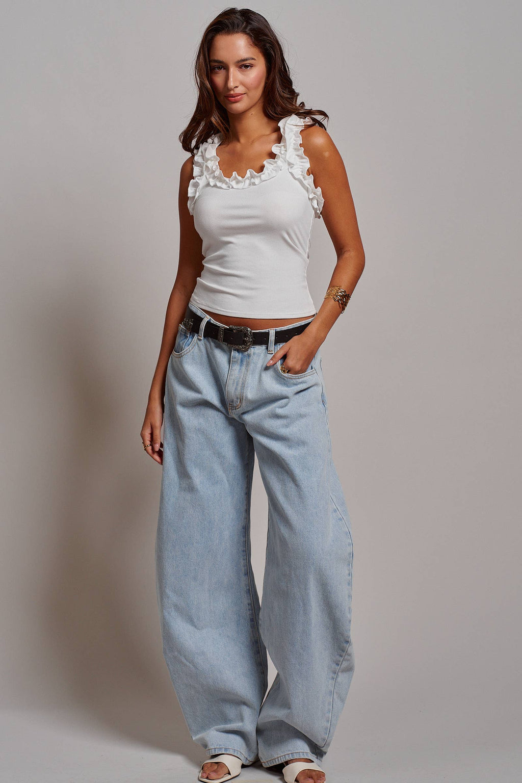 White Ruffle Trim Tank Top