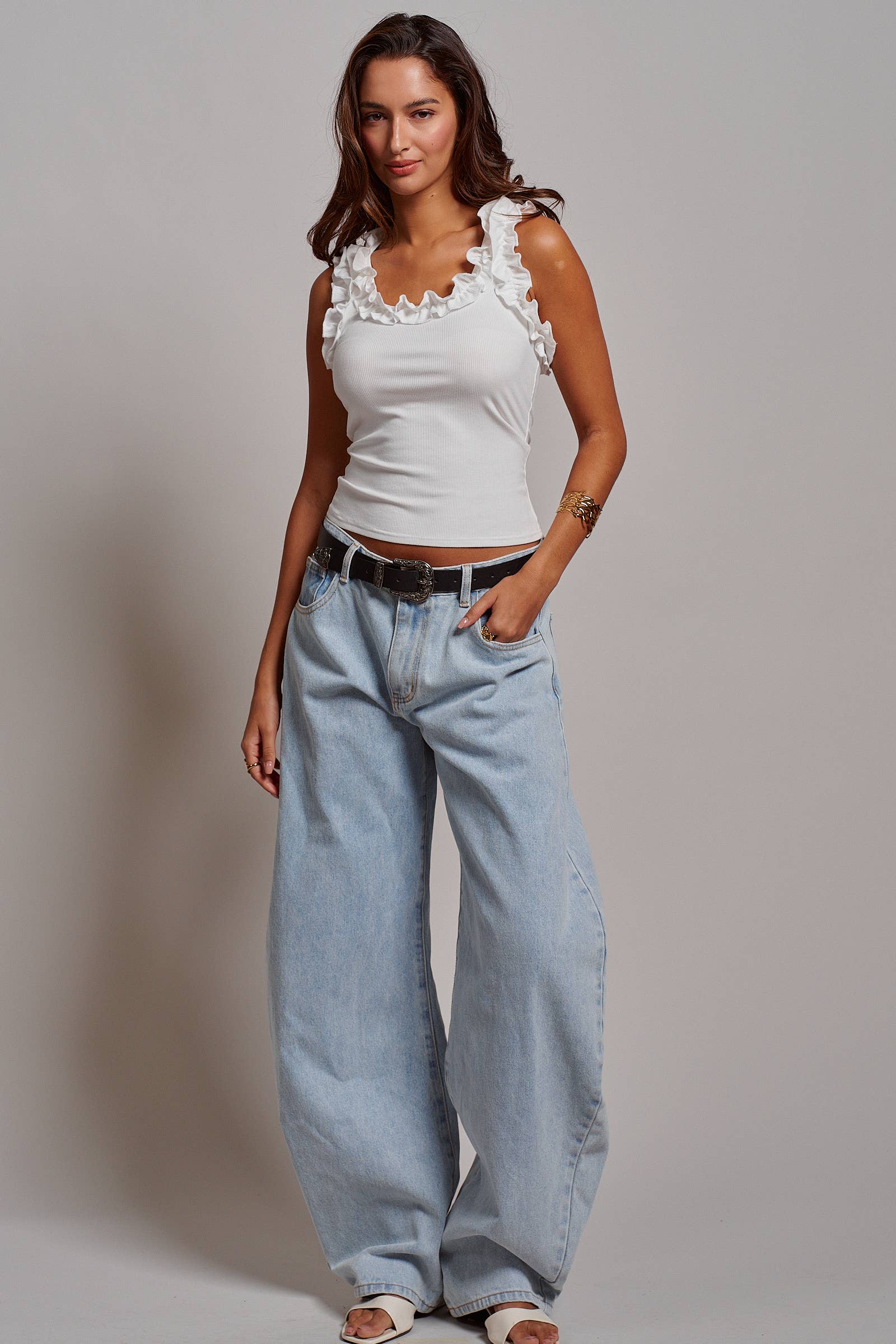 White Ruffle Trim Tank Top