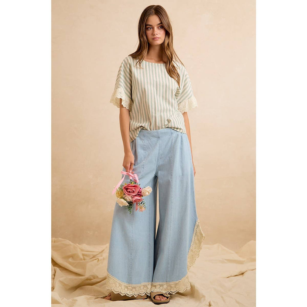 Denim Wide Leg Lace Tulip Hem Jeans
