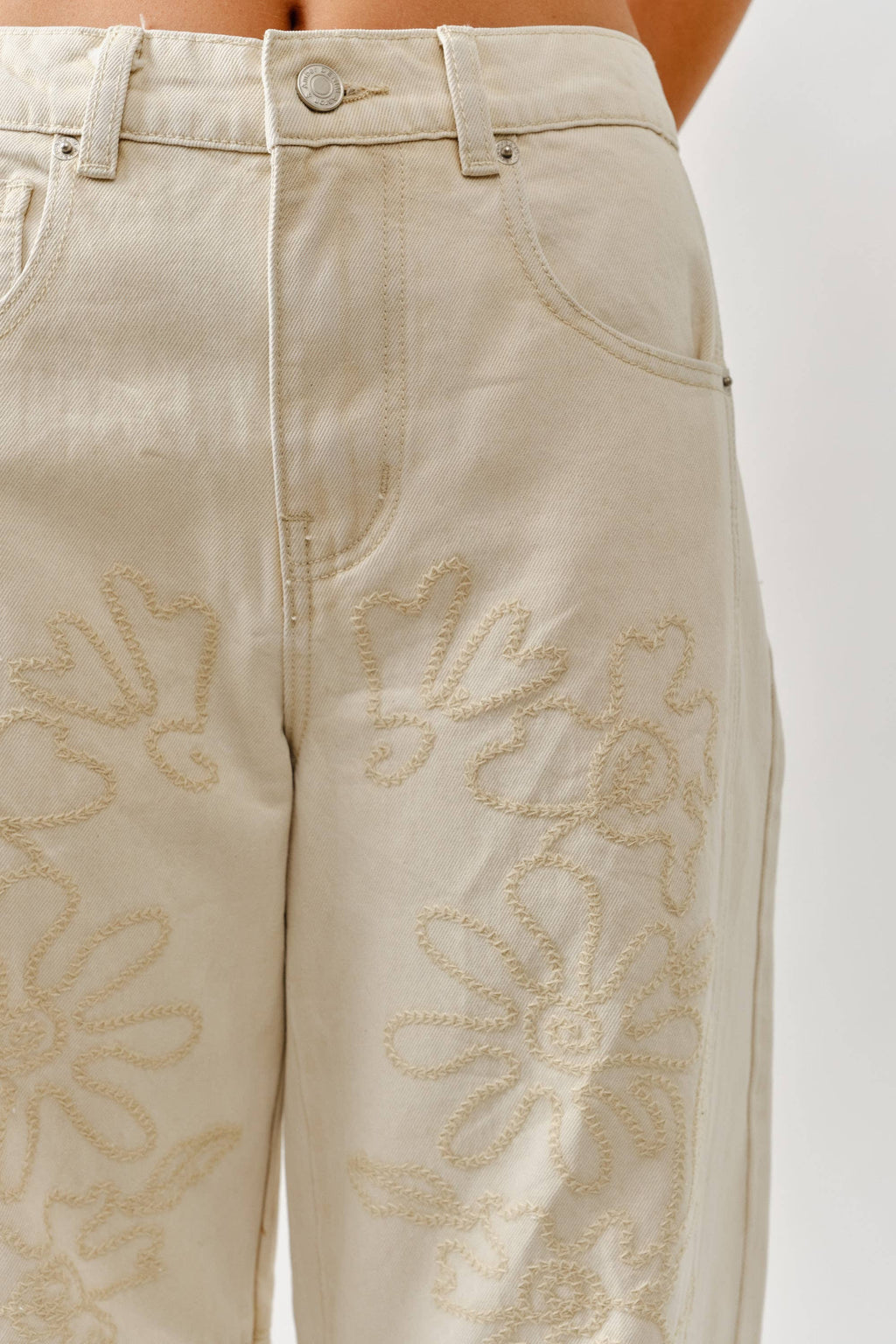 Beige Embroidered Cotton Pants