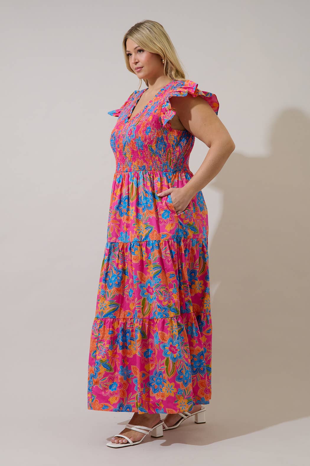 Plus Blue Orange Sunfire Tiered Midi Dress