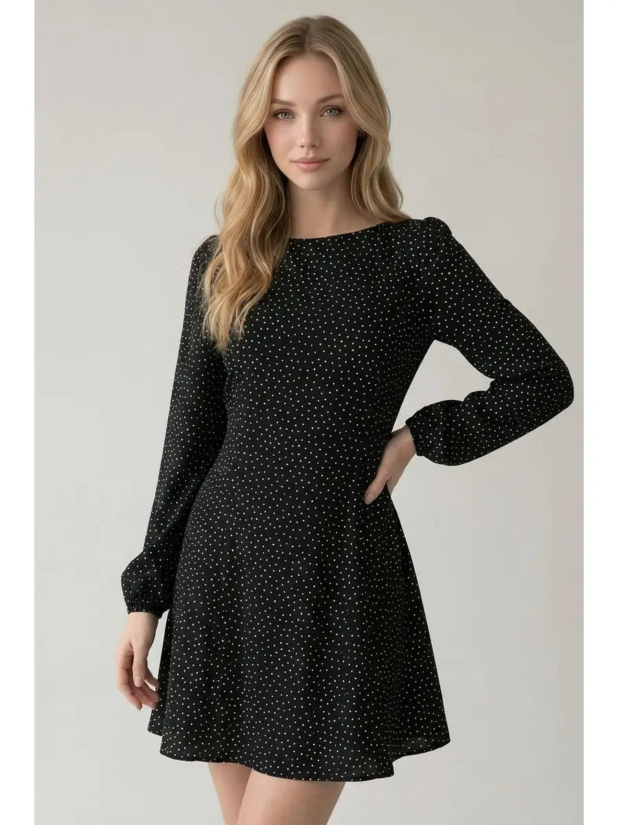 Black Drop Waist Polka Dot Mini Dress