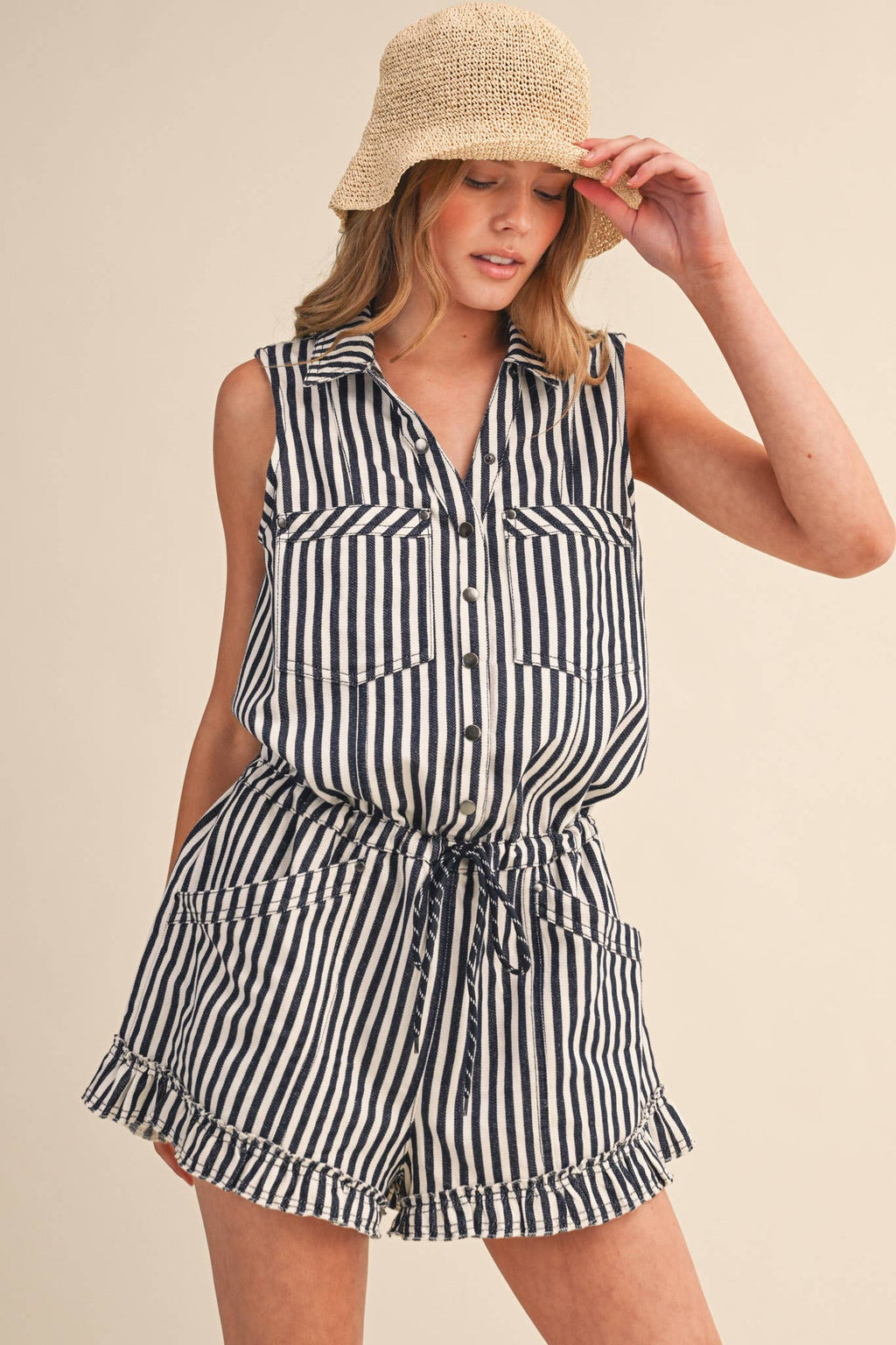 Navy & White Striped Romper