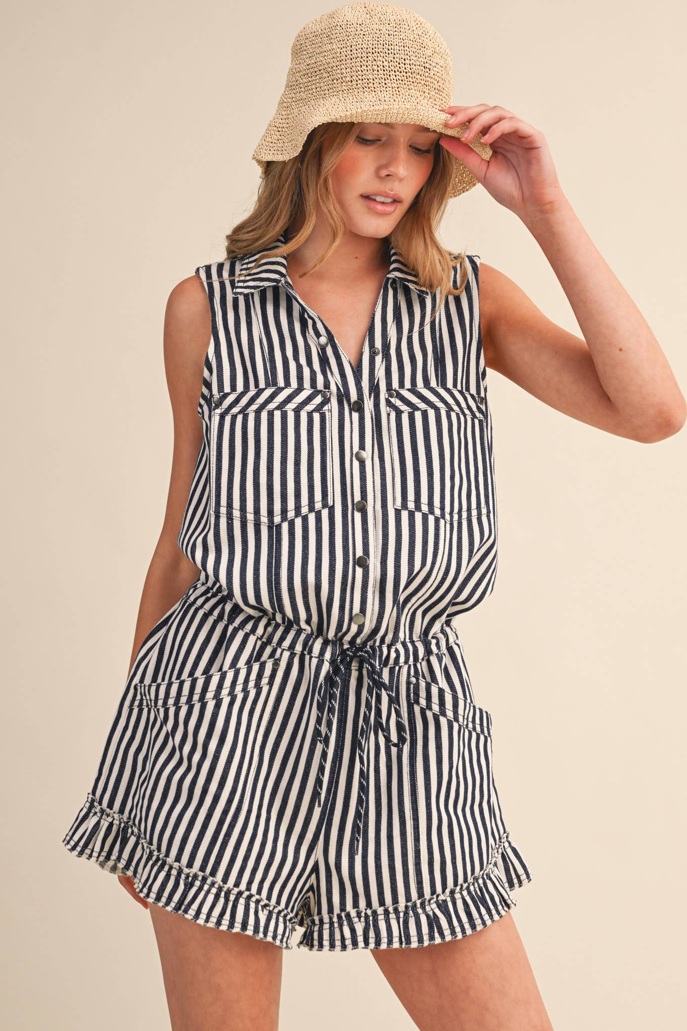 Navy & White Striped Romper